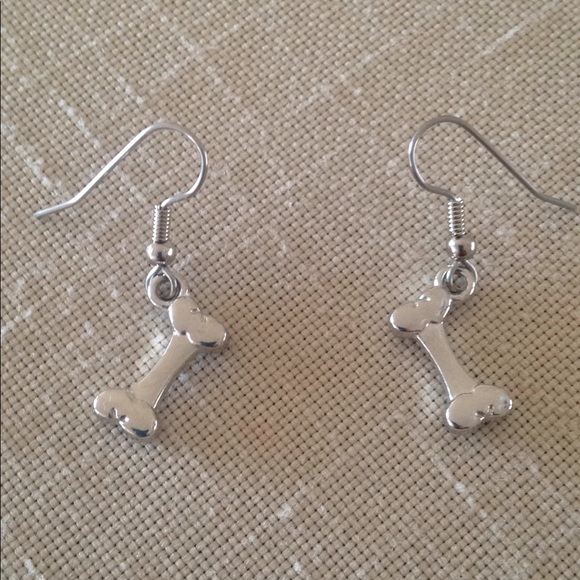 HAND CRAFTED Dog Bone Earrings Silver Toned Pierced - Picture 2 of 4
